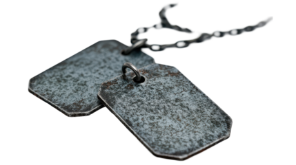 Old military dog tags with weathered texture and details. transparent background