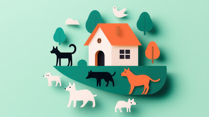 colorful depiction of house with various dog breeds and trees, symbolizing pet care, World spay day concept