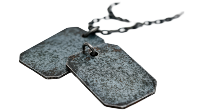 Old military dog tags with weathered texture and details. transparent background