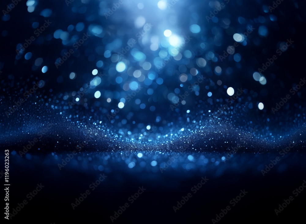 Poster abstract image of blue glitter and bokeh lights on a dark background, creating a sparkling, magical 