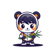 Cute panda character holding bamboo cartoon style digital art playful environment front view whimsical concept