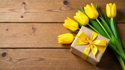 A Wrapped Gift Adorned with a Bright Yellow Ribbon Rests Beside a Bouquet of Fresh Yellow Tulips on a Rustic Wooden Surface