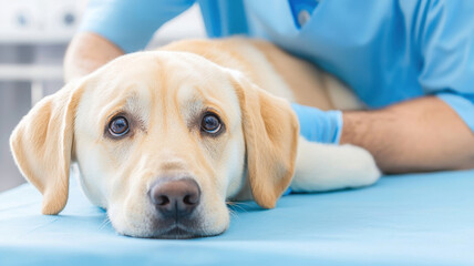 Veterinarian examining dog in bright clinic, showing care and compassion, World spay day concept