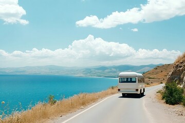 White van traveling along scenic coastal road on sunny day
