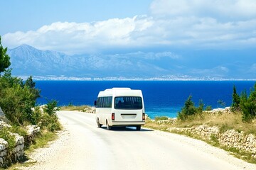 White minibus traveling on coastal road in croatia, island of pag
