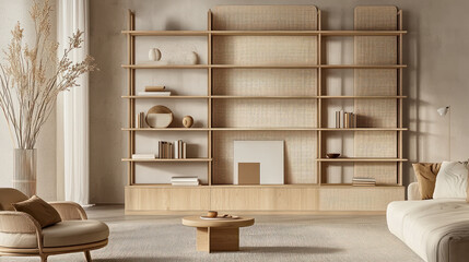 A Minimalist light wood shelving unit with customizable compartments in studio setting, creating serene atmosphere