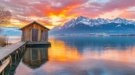 Fototapeta premium A lone fishing hut on a wooden dock stretching into a peaceful bay.