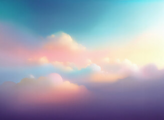 Fototapeta premium Soft, pastel clouds drift across a dreamy, blurred sky. Warm sunset hues blend with cool blues creating a serene, ethereal atmosphere.