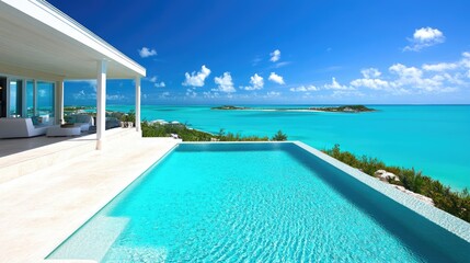 Fototapeta premium A modern luxury beachfront villa with infinity pool overlooking turquoise waters.