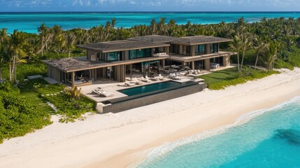 A modern luxury beachfront villa with infinity pool overlooking turquoise waters.