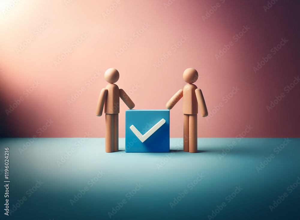 Poster two wooden figures stand beside a blue square with a checkmark, symbolizing collaboration and succes