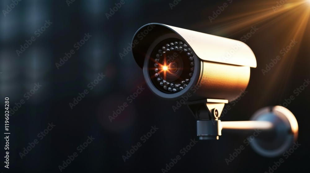 Poster a close-up view of a surveillance camera, capturing light reflections, symbolizing security and moni