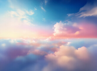 Obraz premium Serene pastel sky, fluffy cloudscape at sunrise or sunset. A dreamy, ethereal view from above the clouds.