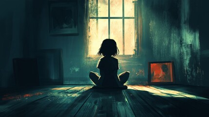 Dimly lit orphanage bedroom with a young child sitting by a window. World Childrens Day and hope concept