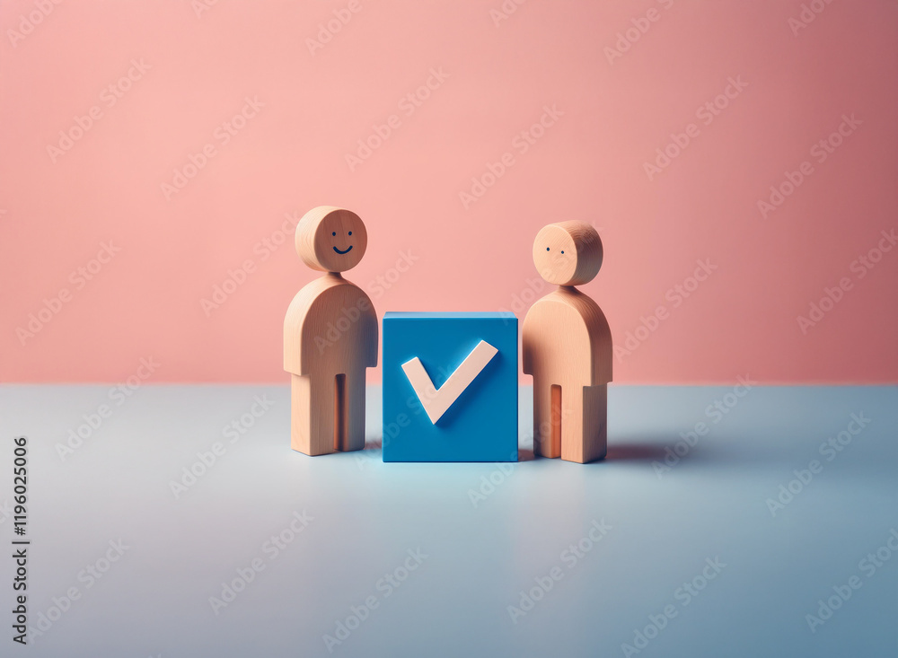 Poster two smiling wooden figures stand beside a blue cube displaying a checkmark, signifying agreement or 