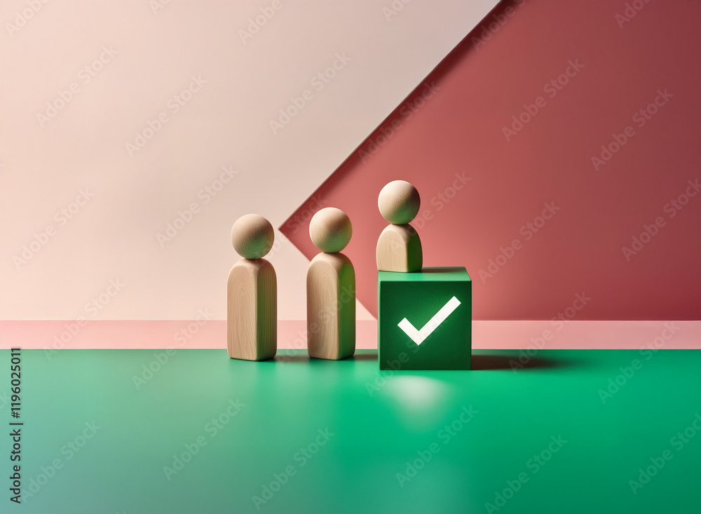 Poster three wooden figures stand before a glowing green cube displaying a checkmark, symbolizing approval 