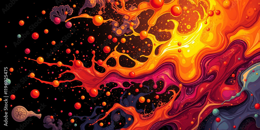 Poster a painting of splatters of paint with a yellow splash in the middle. the splatters are of different 
