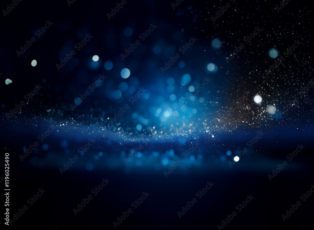Poster dark blue abstract background with glowing bokeh lights and a sparkly, shimmering effect. the light 
