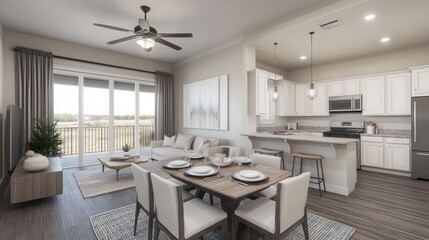 Bright D rendering of a Scandinavian-style dining room with a natural wood table and chairs.
