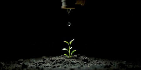 A small plant is growing in a pot with soil. The plant is surrounded by dirt and has a small amount of water dripping from it. Concept of growth and life, as the plant is beginning to sprout