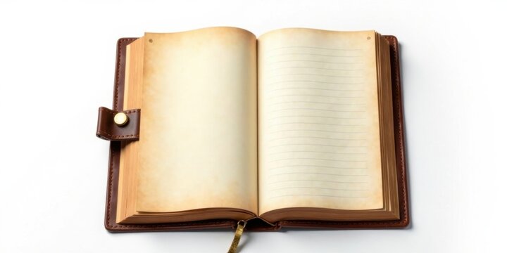 An Open Brown Leather-Bound Journal with Blank Pages and Lined Pages, Ready for Writing or Sketching, Ideal for Creative Expression and Personal Reflections
