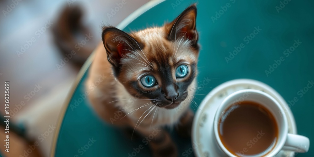 Poster a cat is sitting on a table next to a cup of coffee. the cat is looking at the camera with a curious