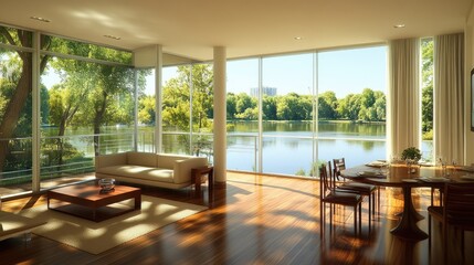 Bright dining room with sleek decor and a serene view of a lake surrounded by trees.