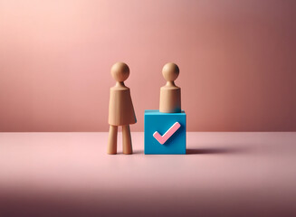 Two wooden figurines stand before a blue cube displaying a pink checkmark, symbolizing selection or approval in a minimalist setting.