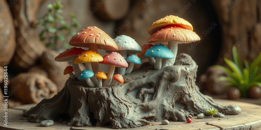 Poster a group of mushrooms are sitting on a log. the mushrooms are of different colors and sizes, and they