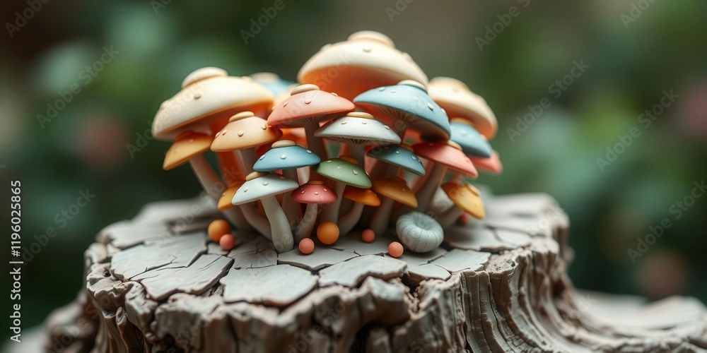 Poster a group of mushrooms are sitting on a log. the mushrooms are of different colors and sizes. the imag