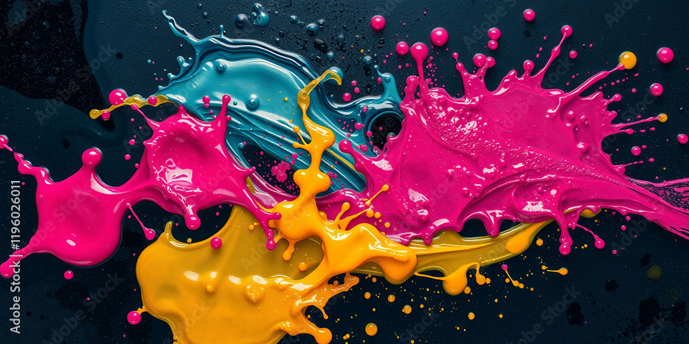 Poster a painting of splatters of paint with a yellow splash in the middle. the splatters are of different 