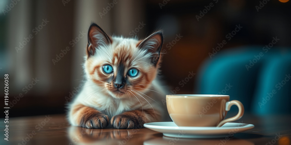 Poster a cat is sitting on a table next to a cup of coffee. the cat is looking at the camera with a curious