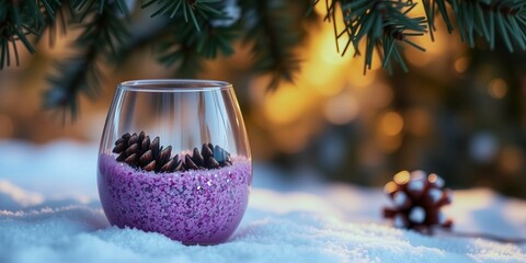 A glass of purple liquid with pine cones floating in it. The pine cones are floating in the liquid, creating a festive and cozy atmosphere