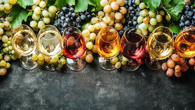 Various types of wine served alongside a colorful array of fresh grapes and grape leaves in a rustic setting
