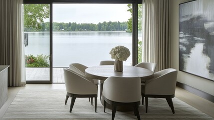 Fototapeta premium Contemporary dining area with a neutral color palette and expansive lake views through glass doors.
