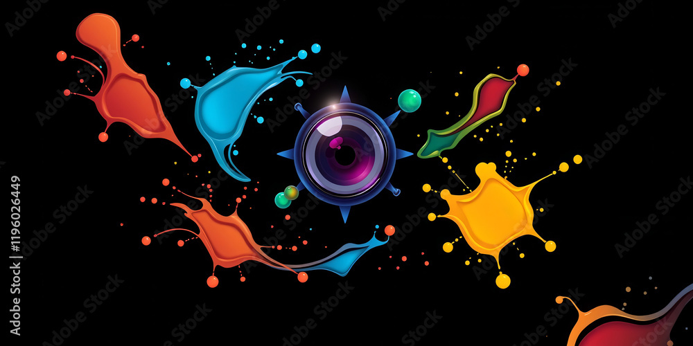 Poster a painting of splatters of paint with a yellow splash in the middle. the splatters are of different 