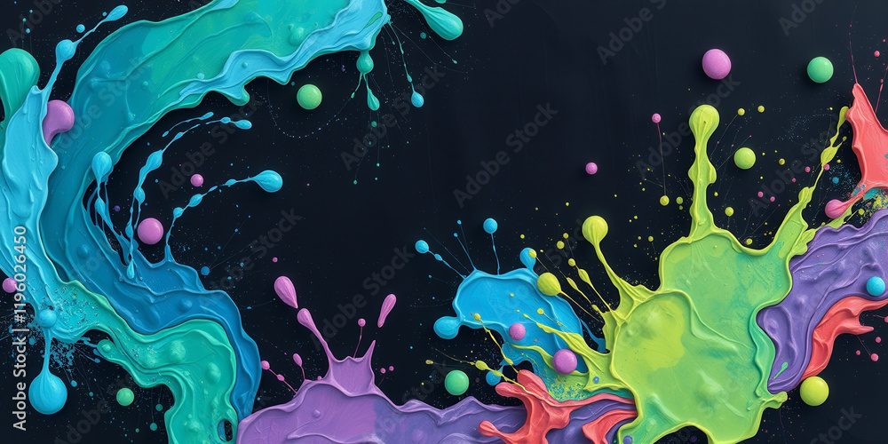 Poster a painting of splatters of paint with a yellow splash in the middle. the splatters are of different 