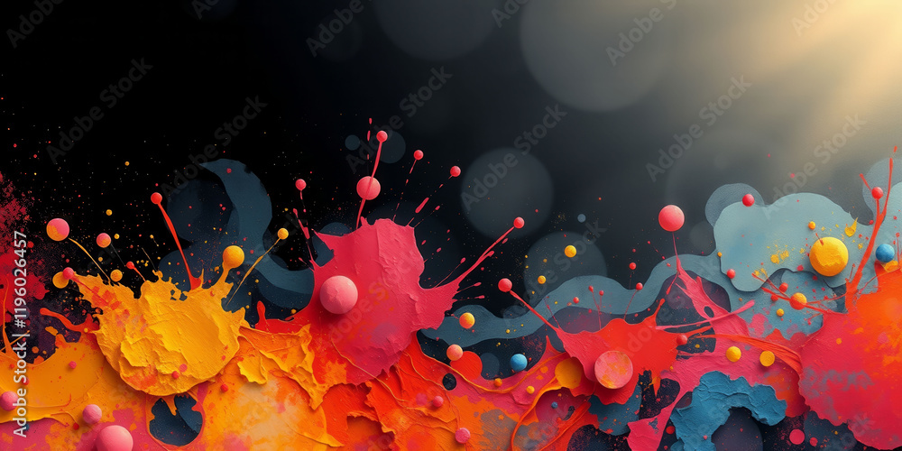 Poster a painting of splatters of paint with a yellow splash in the middle. the splatters are of different 