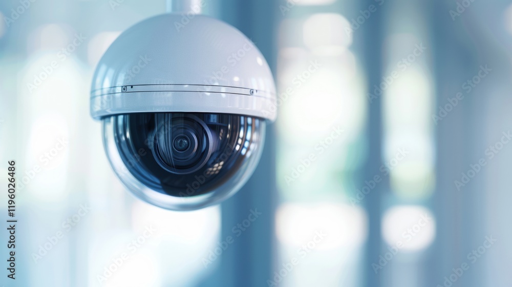 Poster a modern surveillance camera hangs against a blurred background, emphasizing its sleek design and fu