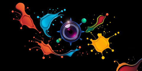 Fototapeta premium A painting of splatters of paint with a yellow splash in the middle. The splatters are of different colors, including red, blue, and yellow. The painting has a chaotic and energetic feel