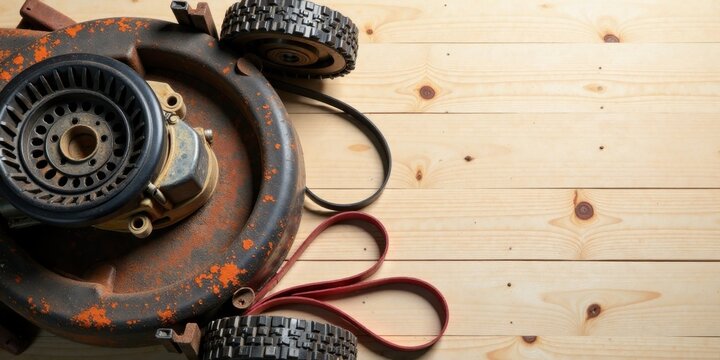Rusty Lawn Mower Parts on Wooden Surface Close-up View of a Vintage Machine's Components, Showing Detail of Worn Metal and Rubber