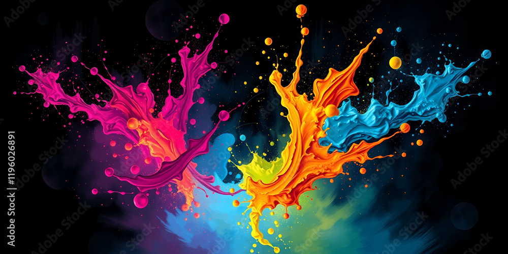 Poster a painting of splatters of paint with a yellow splash in the middle. the splatters are of different 