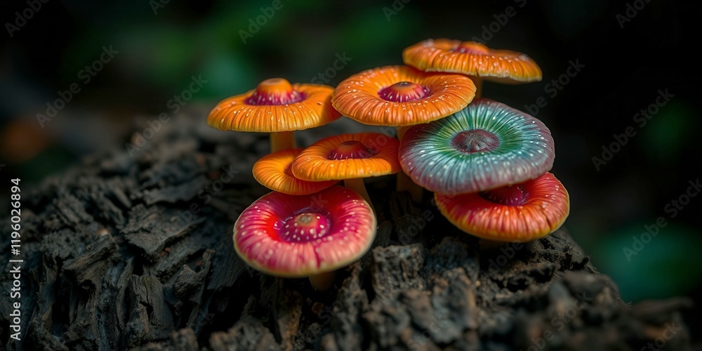 Poster a group of colorful mushrooms are sitting on a log. the mushrooms are of different colors and sizes,