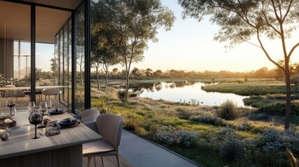 Dining space with modern art, glass walls, and a serene lake surrounded by lush greenery.