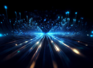 Fototapeta premium Abstract digital artwork depicting a futuristic highway of light streaks, glowing blue and white, converging into a vanishing point. The scene is dark, emphasizing the vibrant light trails.
