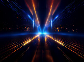Obraz premium A mesmerizing abstract image depicting a futuristic, symmetrical light trail effect. Orange and blue neon lights converge in a V-shape, creating a sense of depth and speed. The dark background adds 