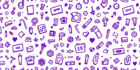 A purple background with many different shapes and symbols. The shapes and symbols include a heart, a clock, a book, a pen, a cell phone, a remote control, a pair of scissors, a toothbrush, a bottle