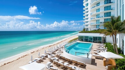 Fototapeta premium Elegant beachfront property with sleek furniture and a glass-enclosed pool.