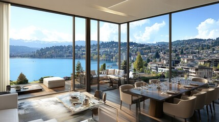 Fototapeta premium Elegant dining area with neutral tones, designer furniture, and panoramic views of a serene lake.
