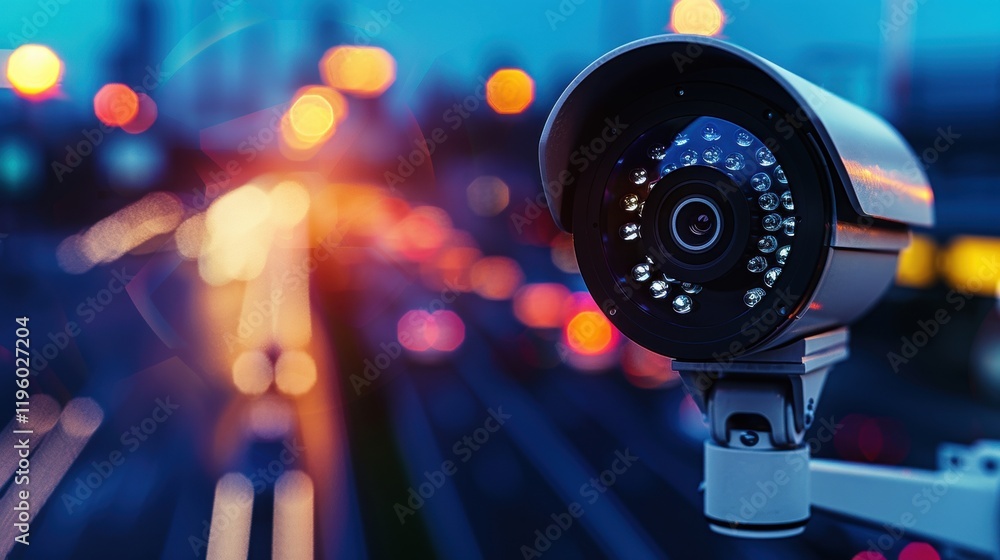 Poster a close-up of a surveillance camera overlooking a blurred cityscape at dusk, with bright lights crea